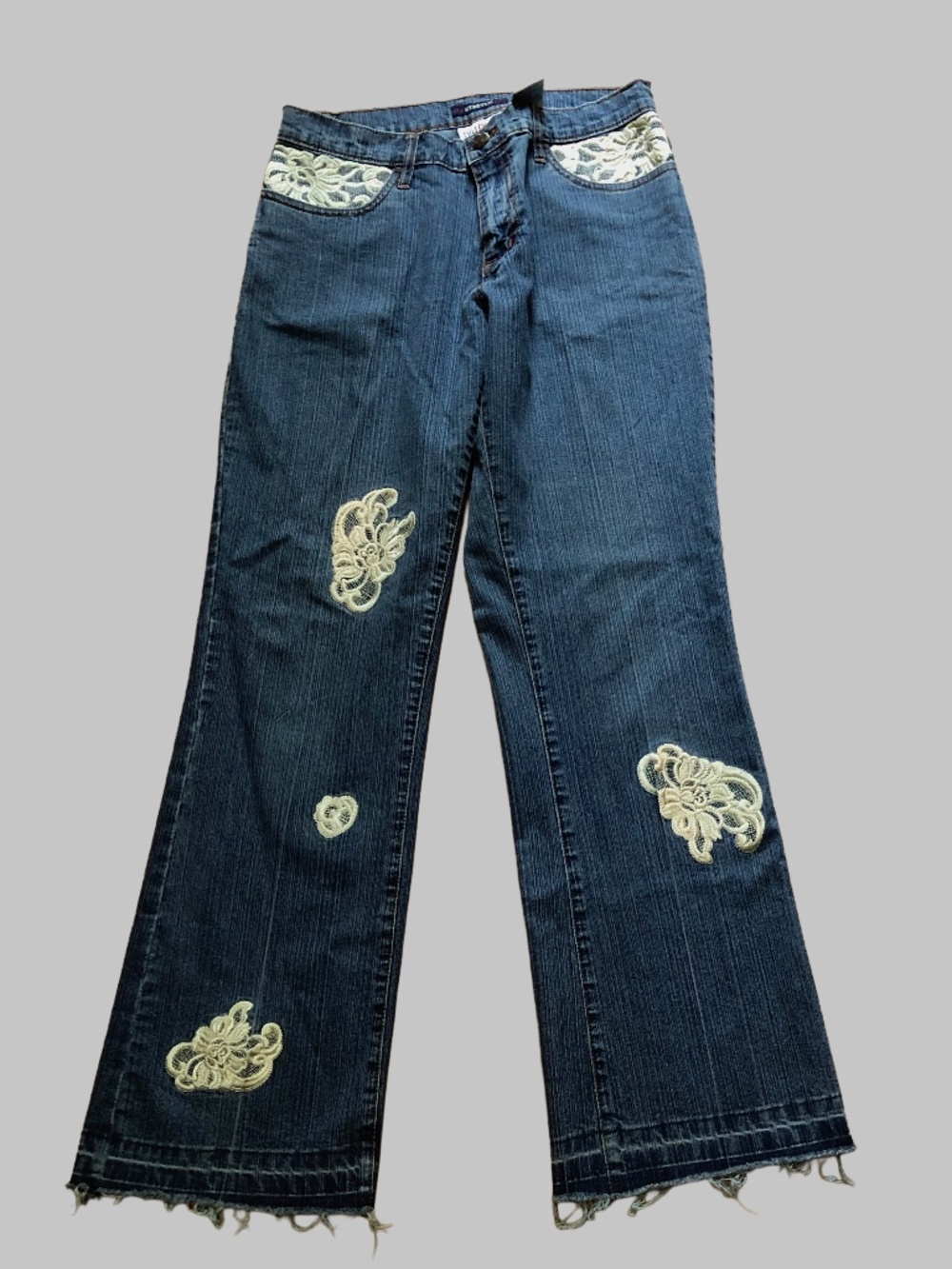 VTG Bill Blass Lace Appliqué High Rise Jeans 6P Y2K Boho
